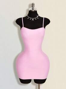 SHEIN ICON 女士时尚百搭纯色吊带连衣裙 - 粉色 - 查看 10