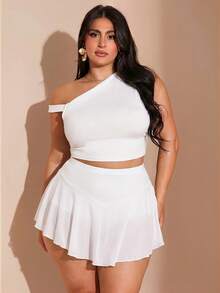SHEIN BAE Set de 2 piezas para mujer de talla grande con top asimétrico con cuello verde oliva y volantes, y falda ajustada con volantes, conjunto para vacaciones - Blanco - Ver 3