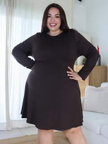 Pretty and Ole 大码女式棕色长袖系腰休闲优雅迷你连衣裙，秋冬款 - 咖啡棕 - 查看 5