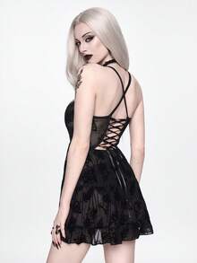 ROMWE Goth 春夏哥特风女士迷你连衣裙，细肩带交叉系带，植绒烧花月亮植物图案，性感 - 黑色 - 查看 2