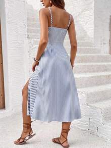 SHEIN Frenchy Phong cách giản dị, tối giản, bohemian, thanh lịch, retro với họa tiết sọc xanh trắng, phù hợp cho các lễ hội âm nhạc, trang phục đi biển, trang phục nghỉ mát, váy hè nữ, váy dài ngang gối nữ. - Nhiều màu - Xem 2