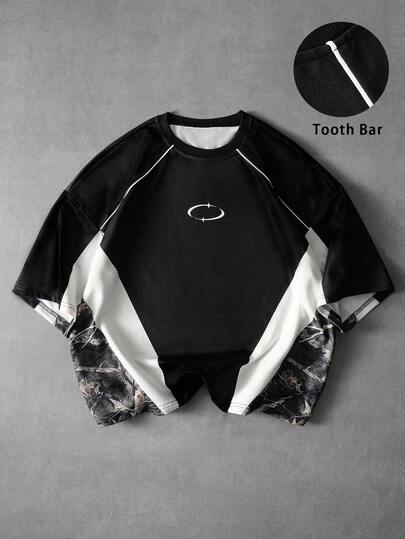 PAVTROS Men's Fashionable Street Style Short Sleeve T-Shirt, Cropped Fit, Branch Camouflage Racing Graphic, Contrast Color Design, 90s Retro Street Vibe, Suitable For Vintage, Punk, Y2K, Clean-Fit Enthusiasts, Rapper Outfit, Holiday Gift, Boyfriend Gift, Young Casual Commute Back To School Autumn/Winter Wear, Great Gift For Friends