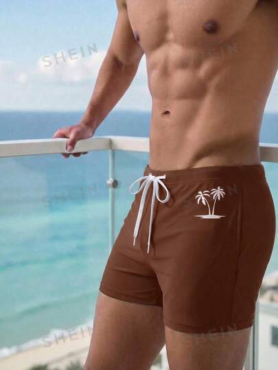 Manfinity Swimmode Herren Kokosnussbaum Muster Elastischer Bund Casual Urlaub Strand Badeshorts