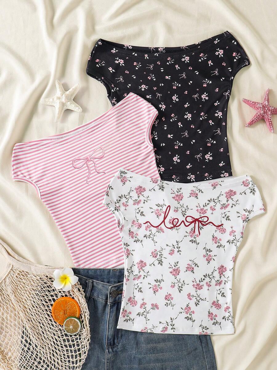 Sparklyn Set de 3 camisetas de hombros descubiertos multicolor para niñas de vacaciones - Multicolor - Ver 1