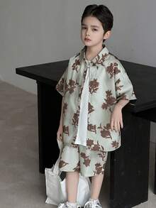 Dazy Kids 超大号衬衫领印花酷炫套装，适合青少年男孩夏季穿着 - 淺灰色 - 查看 4