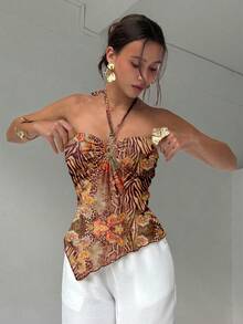 Aloruh 女士褶皱不对称下摆露背复古豹纹佩斯利印花吊带背心，适合夏季海滩度假、波西米亚热带度假村音乐节、乡村音乐会、伊比沙岛、纳什维尔、西部牛仔风、波西米亚街头风、热带性感风，可爱夏日上衣 - 棕色 - 查看 4