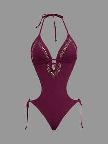 Opulessa Women's Fashion Versatile Metal Rivet Sexy Halter Backless One-Piece Swimsuit - Burgundy - View 11