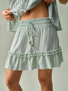 SoleilVie Jupe bohème de style campagne française à taille élastique, motif à carreaux vert et blanc - avec décoration de perles sur le cordon de serrage, double volant en dentelle à l'ourlet, bas décontracté d'été, vêtements d'été pour femmes, jupe cache-maillot de plage - Vert - Voir 4
