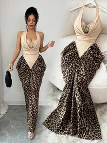 Elenzga Women's Spring/Summer Sexy Halter Tie-Up Leopard Print Patchwork Asymmetrical Design Bodycon Dress - Apricot - View 1