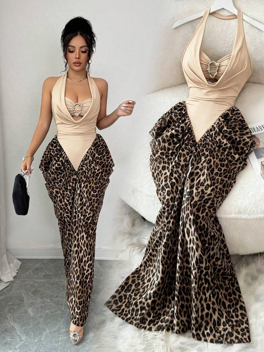 Elenzga Women's Spring/Summer Sexy Halter Tie-Up Leopard Print Patchwork Asymmetrical Design Bodycon Dress - Apricot - View 1