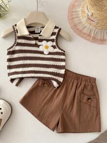 SHEIN LMoss Kids Bộ đồ thường ngày cho bé gái, gồm áo vest và quần short in hoa và kẻ sọc. - Nhiều màu - Xem 7