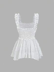 SHEIN Sweetro Women's White With Black Polka Dots Peplum Ruffle Hem Blouse Vacation Summer Cute Brunch Picnic - White - View 2