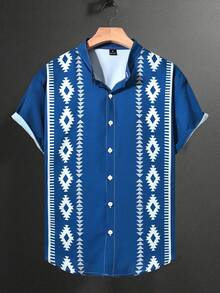 Manfinity CasualCool Áo sơ mi nam tay ngắn, cài một hàng khuy, in họa tiết, kiểu dáng thường ngày, thích hợp cho nam giới, thời trang nam, quần áo nam, áo sơ mi bóng đá. - Màu xanh hải quân - Xem 3