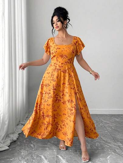 Elenzga Đầm mùa hè cỡ lớn dành cho nữ, kiểu dáng mới, cổ vuông kiểu Pháp, tay bồng, ôm sát, tôn dáng, duyên dáng, thanh lịch, xẻ tà, thích hợp cho các dịp thường nhật, du lịch nhẹ, các sự kiện xã giao, tiệc cocktail, hẹn hò.
