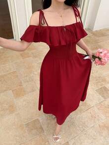 Feyla Elegant Ruffle Trim Women Dress - Red - View 2