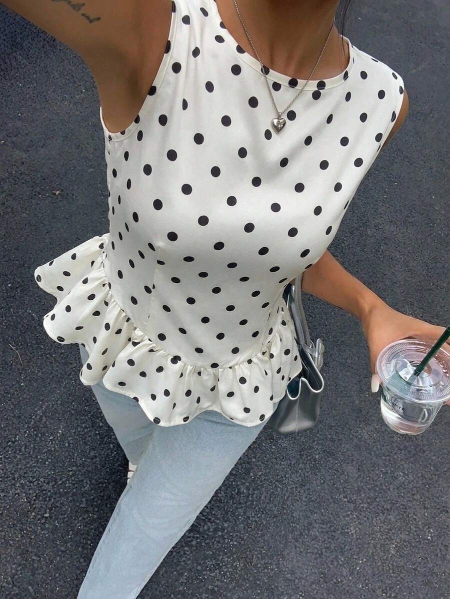 女士波点印花荷叶边下摆无袖休闲衬衫 - 彩色 - 查看 1