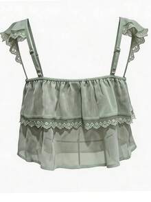 Joudiya Ruffled Lace Patchwork Casual Vacation Crop Top Short Sleeve Blouse For Women, Spring & Summer Cute Tops - Green - View 3