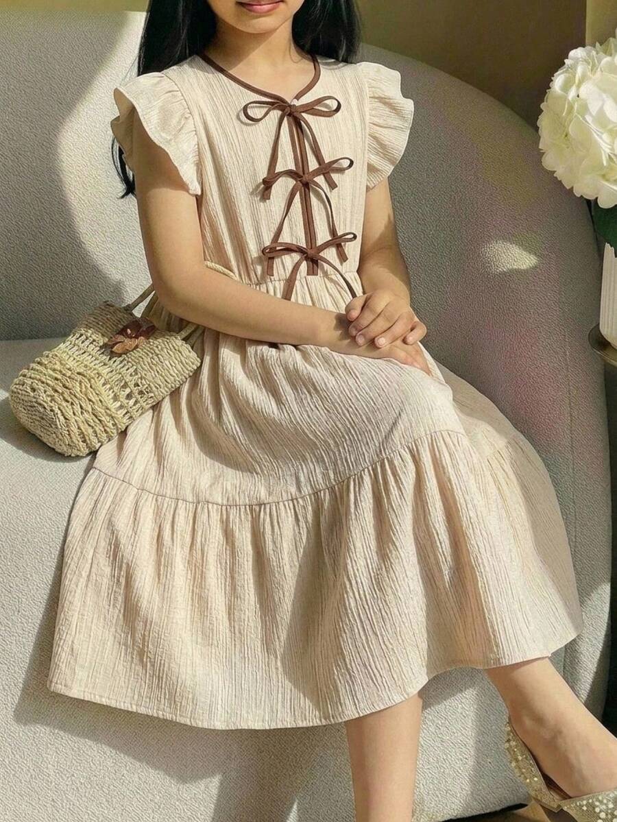 SHEIN 青少年女孩短袖拼色蝴蝶結裝飾層次下擺中長洋裝,休閒街頭風 - 杏色 - 查看 1