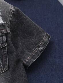 SHEIN 男童3件組復古丹寧襯衫T恤短褲套裝 初秋返校日常休閒童裝套裝 - 黑色 - 查看 5