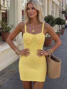 Selianne Women's Elegant Fitted Backless Short Cover Up Dress Boho Tie Strap Pearl Cami Camisole Yellow Sleeveless Knit Mini Dress, Suitable For Beach & Summer Or Women Party,Prom,Beach,Holiday Vacation And Mucis Festival, Streetwear - Yellow - View 7