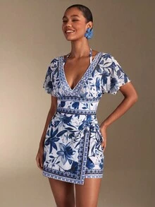 Swim Oasis 两件套女士泳衣套装，连体泳衣配系带裙摆，时尚休闲又不失优雅的度假风格，蓝白花卉印花，V领蝙蝠袖，适合旅行、游泳、海滩穿着 - 藍白色 - 查看 6