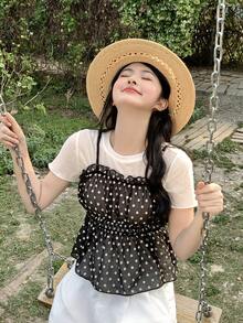 DAZY 女款純色波點短袖襯衫附內搭背心 2 件套，韓風夏季居家休閒套裝 - 黑與白 - 查看 5