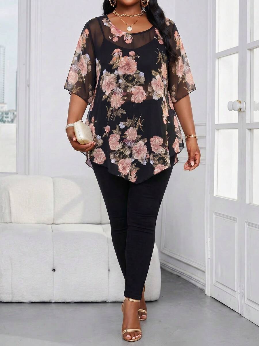 SHEIN Lady 大码优雅印花衬衫,夏季 - 彩色 - 查看 1