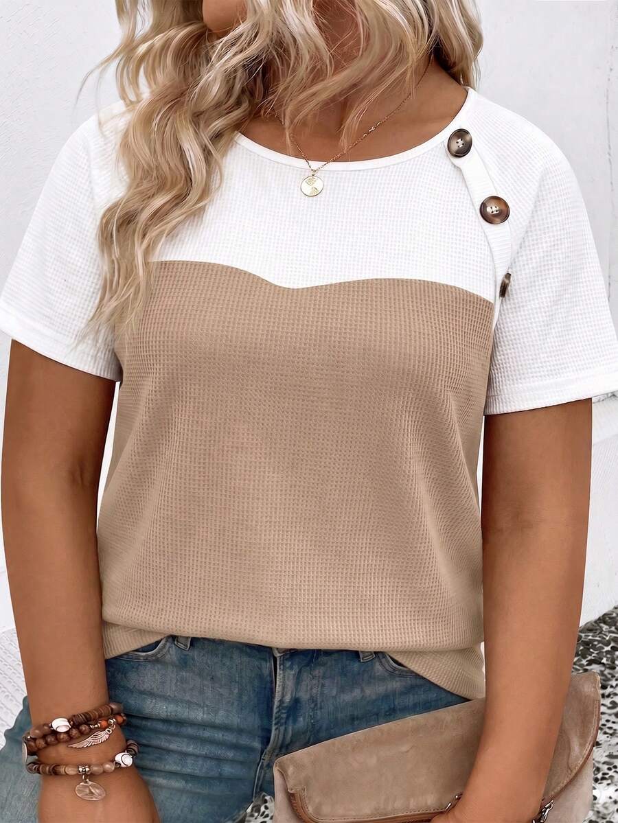 EMERY ROSE Camiseta casual versátil de talla grande con diseño de bloques de color, nueva llegada para primavera/verano para mujeres - Multicolor - Ver 1