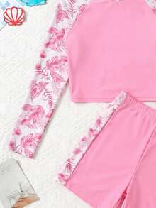 SHEIN Set Baju Renang Atasan dan Celana Pendek Lengan Raglan Motif Tanaman Tropis untuk Remaja Perempuan - Berwarna merah muda - View 3