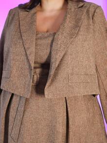 Pretty and Ole Plus Size Solid Color Single-Breasted Long Sleeve Blazer And Dress Elegant Suit Set In Spring - Khaki - View 5