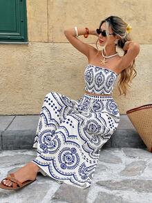 SHEIN PETITE CURVE Bộ đồ 2 món dành cho nữ cỡ lớn, in họa tiết cây cỏ, gồm áo ống lửng và quần ống rộng, thích hợp cho kỳ nghỉ. - Xanh và trắng - Xem 7