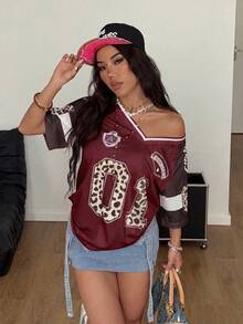 Coolane Women's Summer Streetwear Casual Y2K Leopard Print Number Graphic Football Jersey V-Neck Burgundy T-Shirt, Top Everyday - Red Violet - View 3