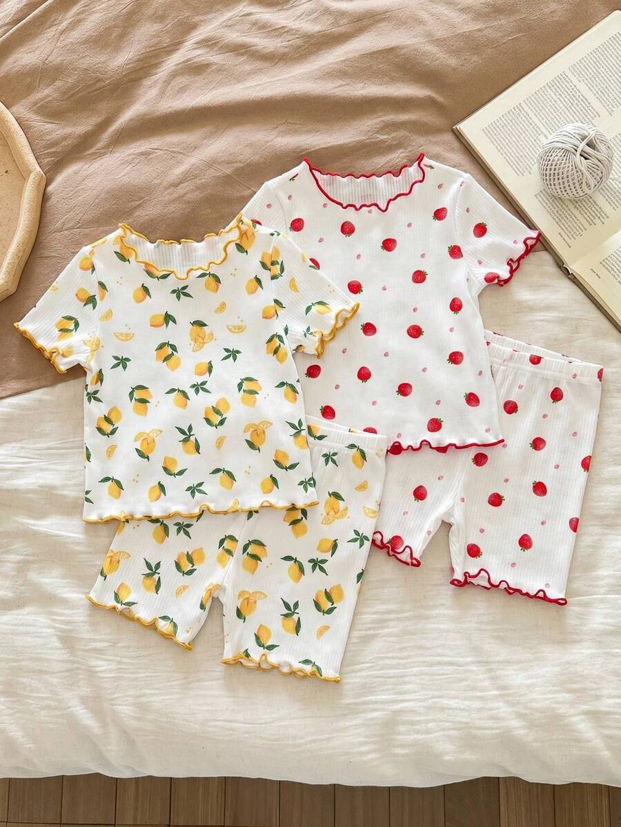 SHEIN LMoss Kids Dozemod 女嬰 4 件組可愛花卉印花荷葉邊圓領短袖上衣與短褲休閒舒適睡衣套裝,夏季 - 彩色 - 查看 1