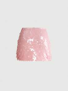 ROMWE Fairycore Plus Size Sequin Embellished Mini Skirt, Party Style Fall - Pink - View 2