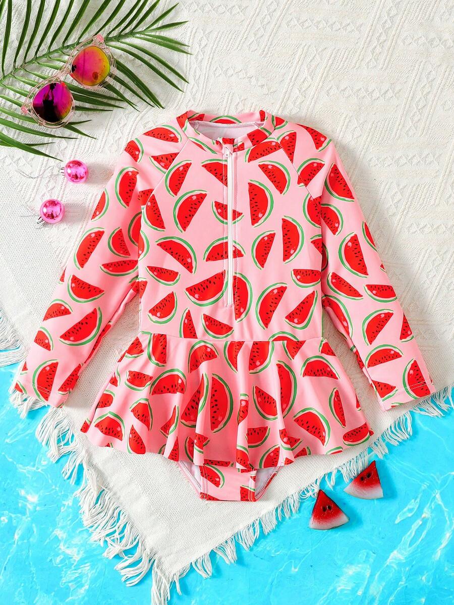 SHEIN Young Girl Cute & Cool Casual Beach Holiday Watermelon Fruit Pattern Contrast Color Raglan Sleeve One-Piece Swimsuit, Spring/Summer - Red - View 1