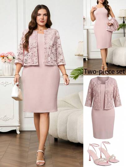 Ellevyn Conjunto de 2 piezas talla grande para mujer: Vestido de unicolor y cárdigan de manga larga, uso diario casual