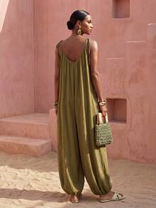 Zivah Loose Olive Green Summmer Boho Beach Vacation Holiday Jumpsuit For Women,Textured Suspender Wide-Leg Lantern Flower Tulip Modern High-Street Casual-A - Mustard Yellow - View 3