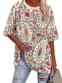 EMERY ROSE Plus Size Floral-Patterned Casual Retro-Style Short-Sleeved T-Shirt - Multicolor - View 3