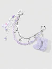 ROMWE Anime 1 Fashion Temperament Simple Purple Gradient Fine Beads Double Chain Simulation Tape Fine Flash Bow Note Braided Lace-Up DIY Keychain Bag Pendant - Purple - View 4