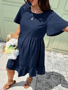 Boho Mama Umstandskleid Einfarbig mit rundem Ausschnitt, Kurzarm und Rüschensaum, Lässig - Blau - Übersicht 7