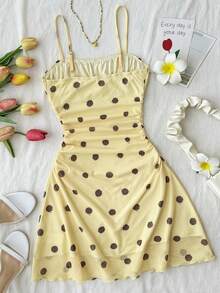 SHEIN Vestido de verano para niñas preadolescentes con lunares amarillos y marrones, busto fruncido y tirantes de malla - Amarillo - Ver 2