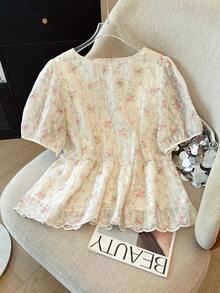 GlowEve CURVE V-Neck Petal Sleeve Floral Embroidered Lace Trim Waist Blouse - Pink - View 2