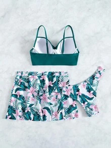 SHEIN Swim 夏日海灘3入組熱帶印花推桿比基尼和沙灘裙 - 綠色 - 查看 8