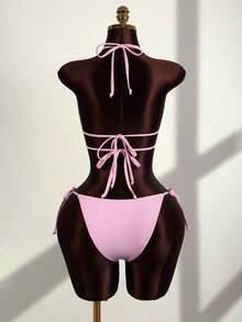 Zestiva Conjunto de biquíni feminino sexy com alças finas, costas nuas, estampa floral 3D e miçangas, ideal para férias de verão na praia. - Rosa - Ver 2