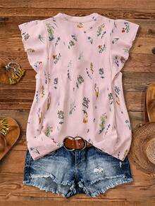 SHEIN LUNE CURVE Plus Size Floral Ruffle Trim Casual Shirt - Dusty Pink - View 2