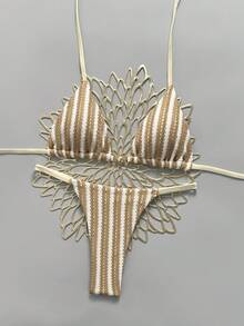 Swim Mod Women's Spring/Summer New Special Fabric Metal Decor V-Neck Halter Backless Triangle Top & Bikini Bottom Two Pieces Swimwear - Beige - View 3