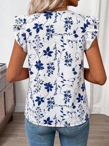SHEIN Clasi Áo sơ mi nữ cổ chữ V in hoa, kiểu dáng thường ngày, đa năng. - Xanh và trắng - Xem 7