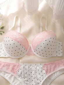 DelicateAllure Bộ 2 áo ngực ren chấm bi màu hồng, nâng đỡ tốt, có gọng và tạo độ nâng, dành cho người có thân hình đầy đặn. - Đen và trắng - Xem 3