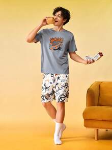 Notgurli Men's Summer Printed Round Neck Short Sleeve Shorts Casual Comfortable Pajama Set Home Orange White - Multicolor - View 6