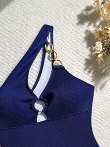Swim  Traje de baño de una pieza con decoración de anillo de metal hueco asimétrico de unicolor para mujer - Negro - Ver 8